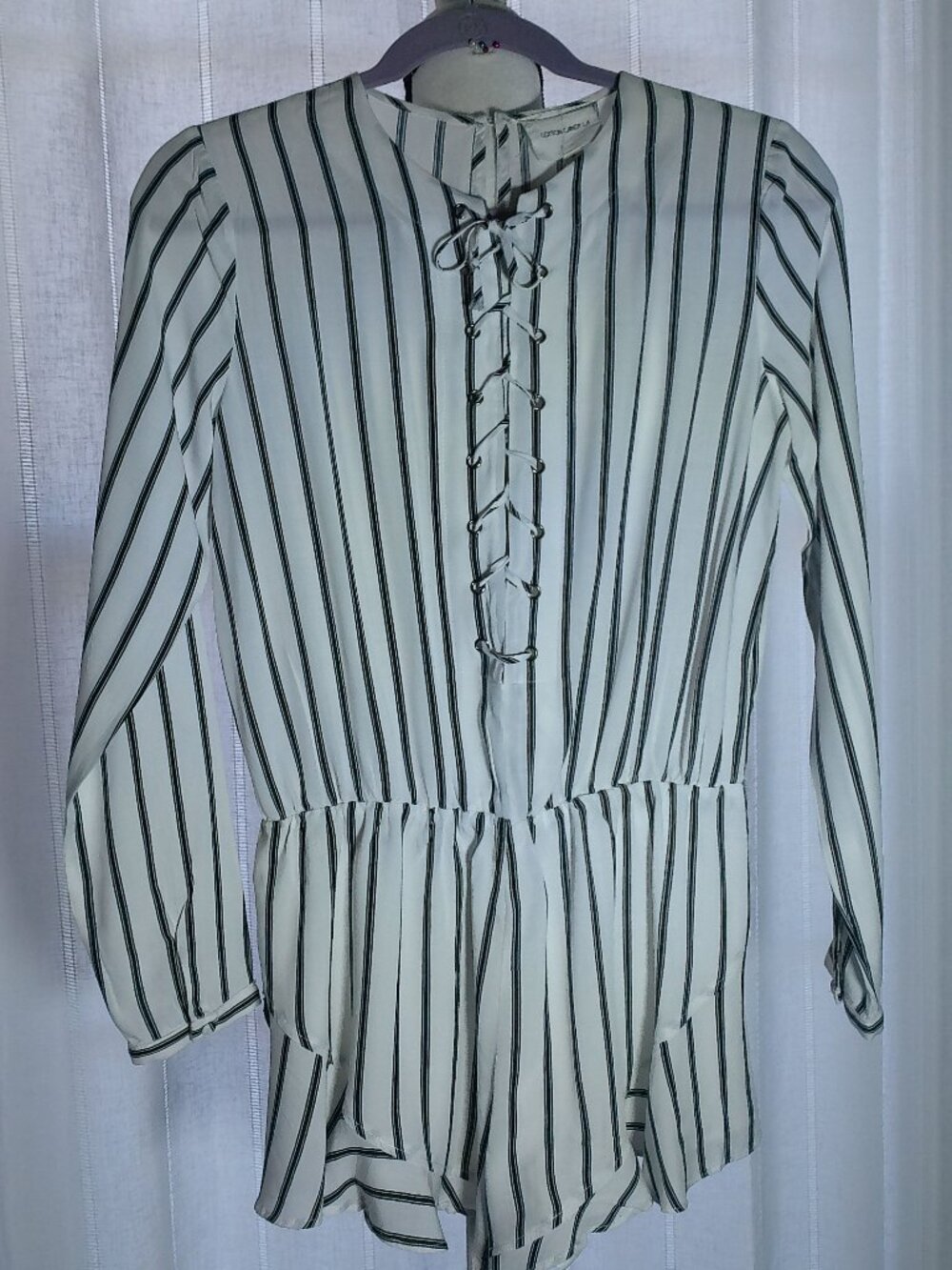 COTTON CANDY LA Long Slve Rear Neck Button White w/Black Stripes Lined Romper M